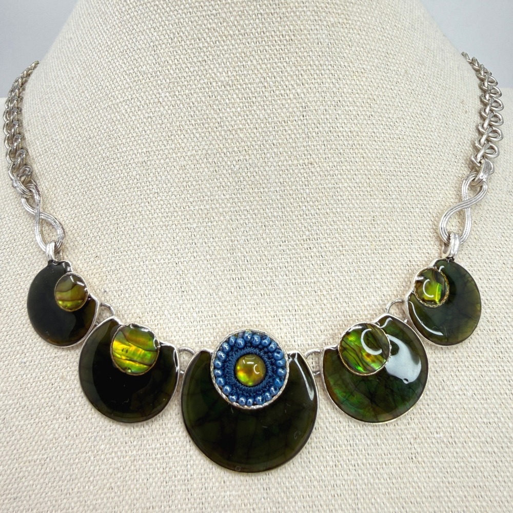 Liz Claiborne Bib Necklace Green Iridescent Crescent Pendants Silver Tone
